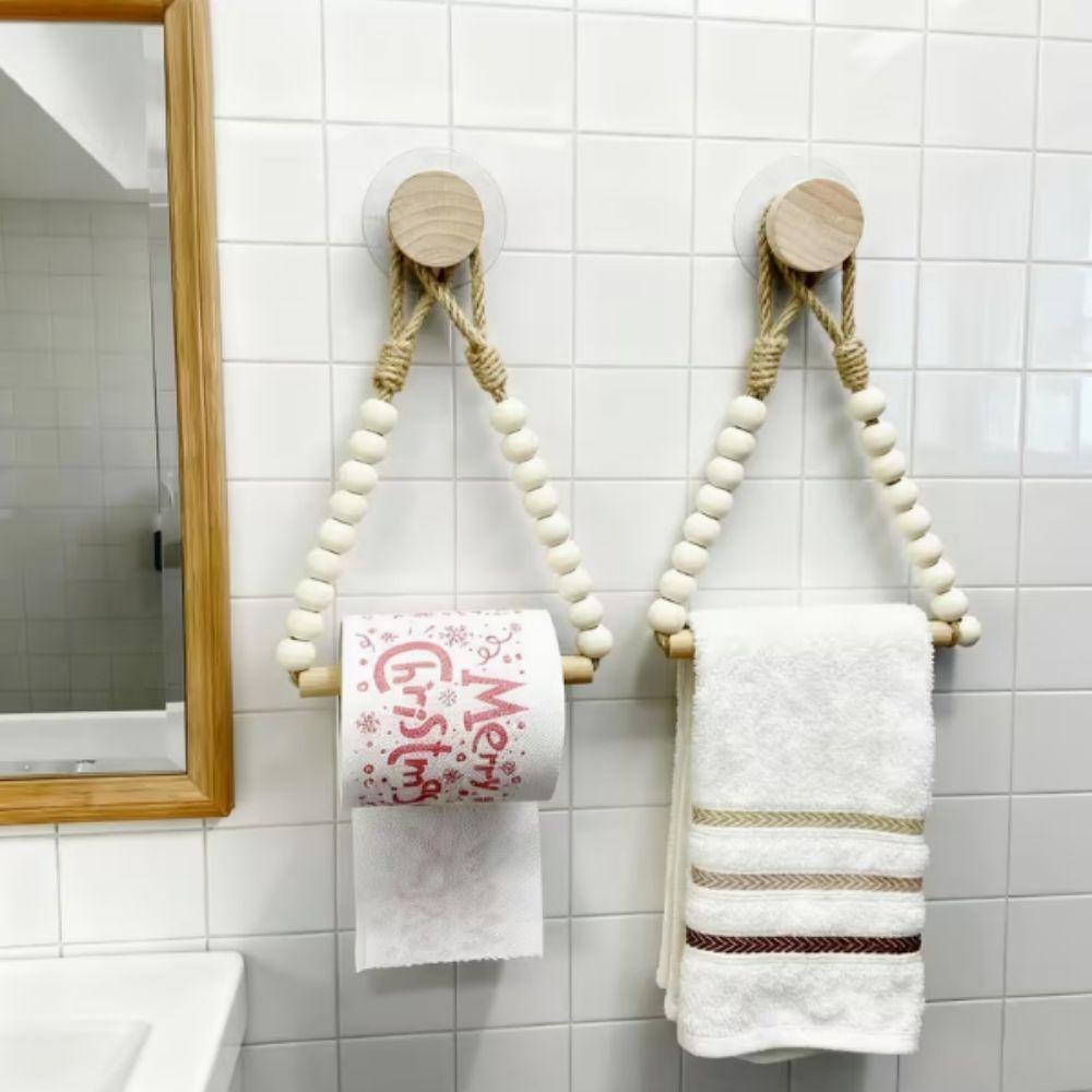 Nordic Style Wood Tissue Holder Handwoven Rope Roll Paper Holder Towel Display