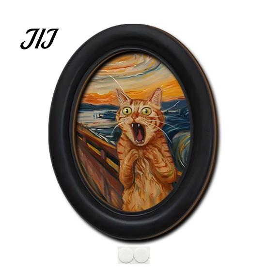 Decorative Wall Accents for Living Room Abstract Art Cat Decor, Oval 2D Wood Framed Funny Painting Unique Prints Print, Vintage Ornament Bedroom Home