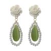 Silver needle retro green water drop opal stud earrings female, French temperament gentle camellia earrings earrings