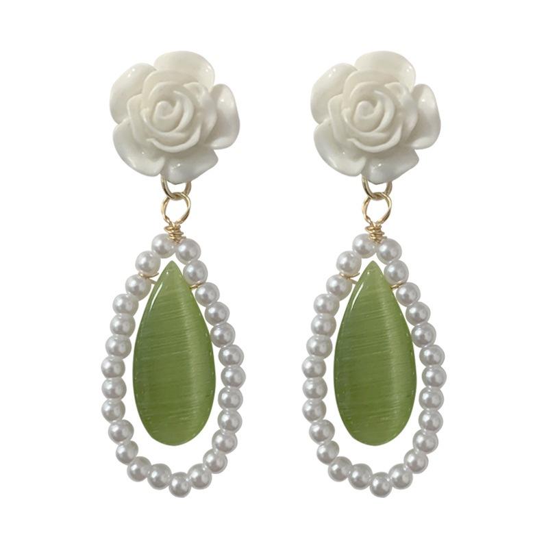 Silver needle retro green water drop opal stud earrings female, French temperament gentle camellia earrings earrings