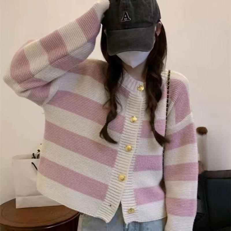 Striped Short Women's Knitted Cardigan Round Neck Single Breasted Famale Soft Sweaters Korean Style Fashionable Casual Ladies Coat