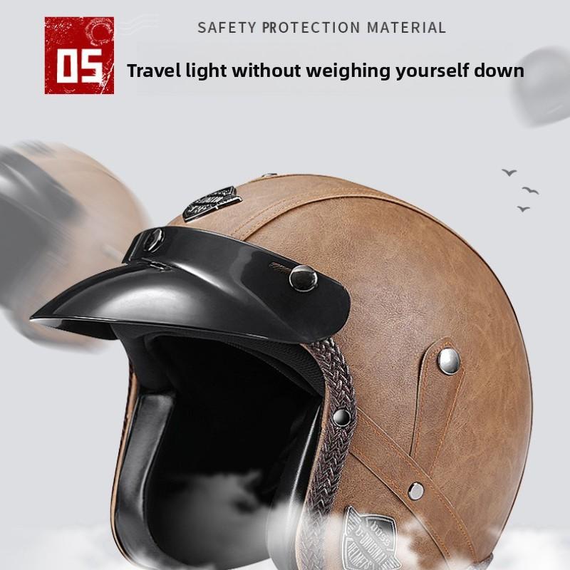3C Vintage 3/4 Half Helmet Electric Motorcycle Summer Pedal Cruise Locomotive Leather Helmet Men and Women