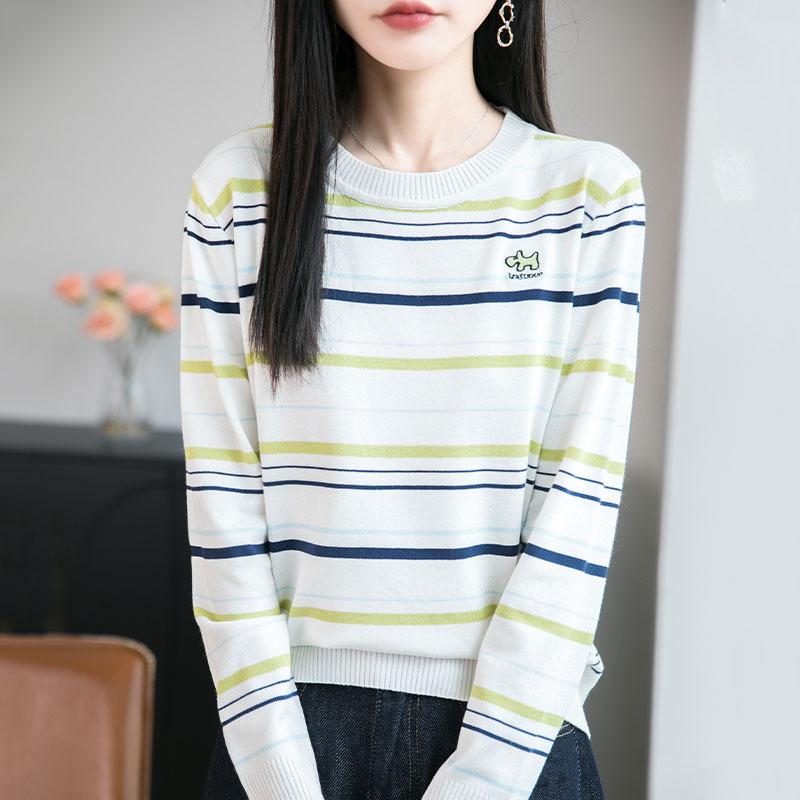 

Цветоблокировка Полосатая Вышивка Щенка Круглый вырез Длинный рукав Вязаный базовый топ, Осенне-зимний пуловер свитер для женщин XXL зелёный