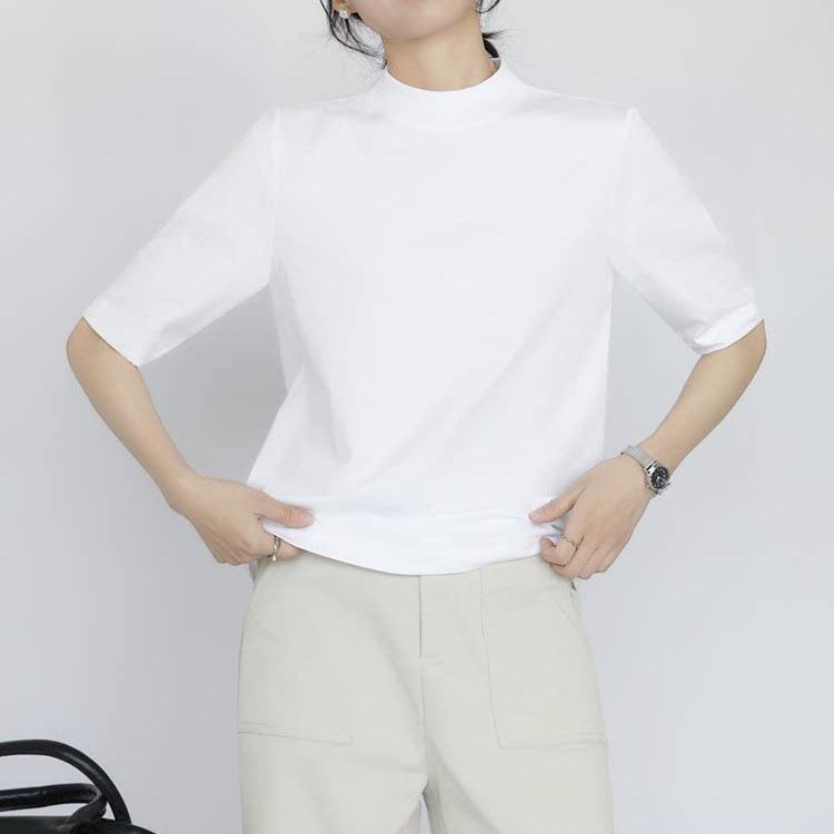 Pre-Sale Women's Cotton T-Shirt: Half-High Collar, Five-Point Sleeves, Stand-Up Collar, Seam Detail, Loose Fit Base Layer for Layering and Commuting