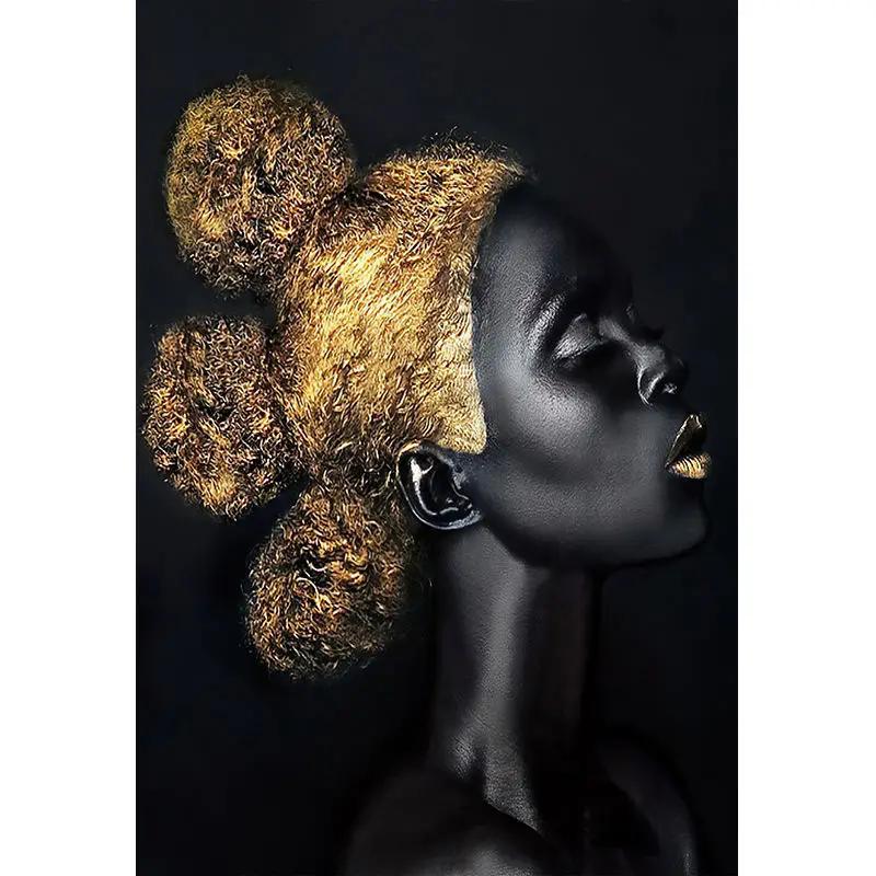 African Art Black and Gold Woman Oil Painting On Canvas Picture for Living Room Contemplator Posters and Prints Scandinavian