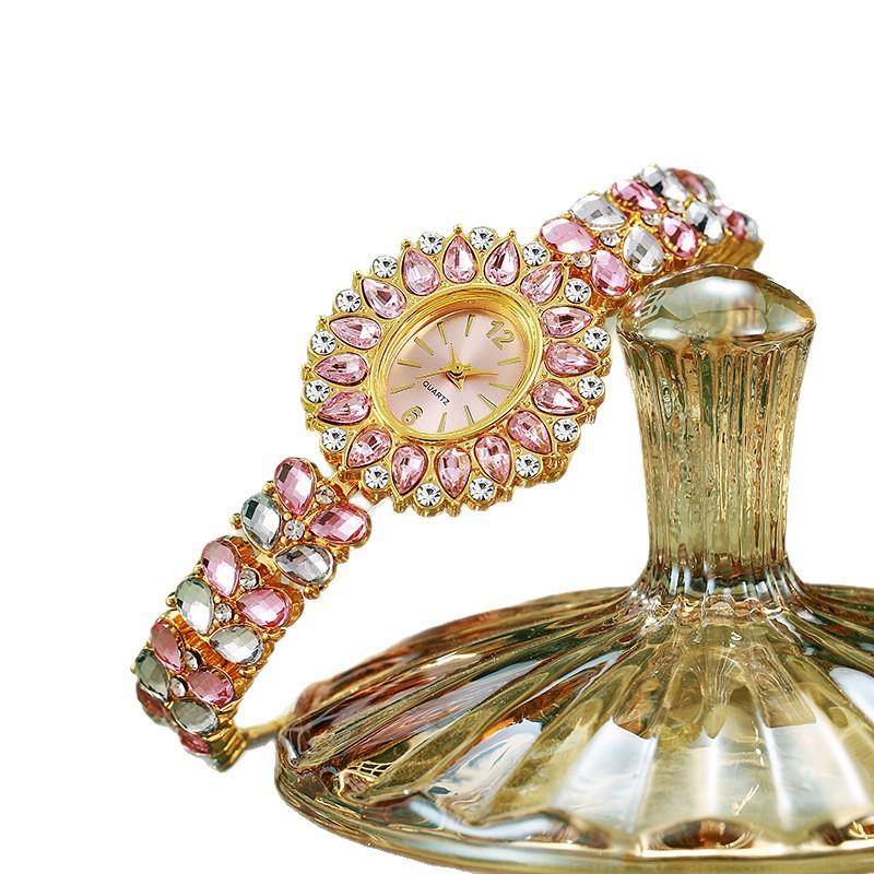 Ladies Watches, Bracelets, Handmade Colored Diamonds, Ethnic Style, Multi-Colored Rhinestones.