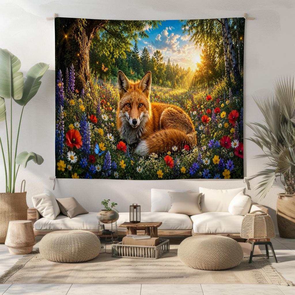 Fox Tapestry Wildflower Meadow Wall Hanging Woodland Animal Decor Red Fox Nature Wall Art Cottagecore Forest Decor