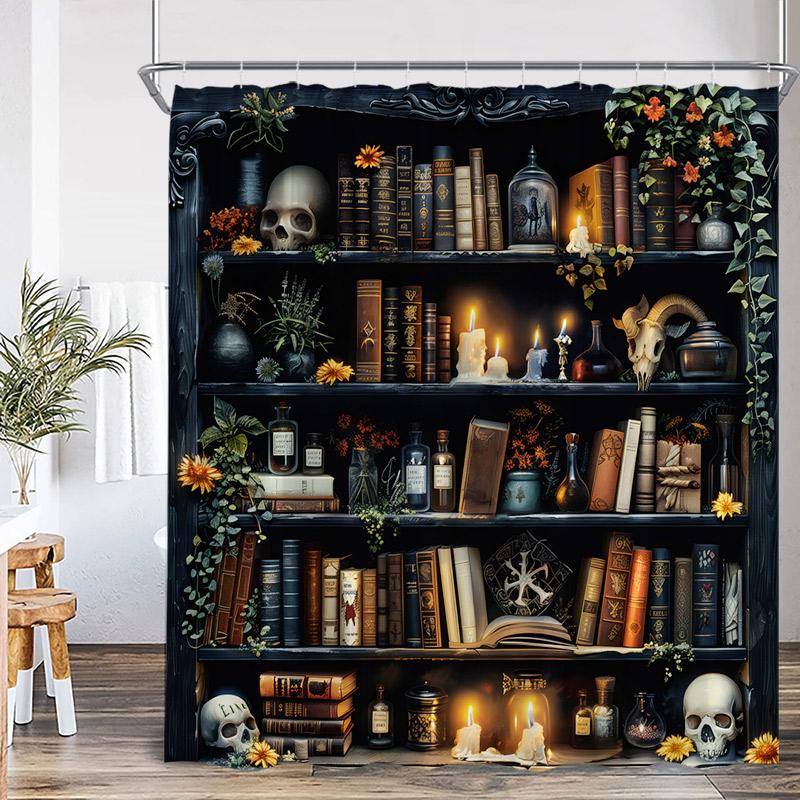 Vintage Bookshelf Shower Curtains Green Vine Leaves Floral Skull Retro Books Modern Polyester Fabric Home Bathroom Curtain Decor