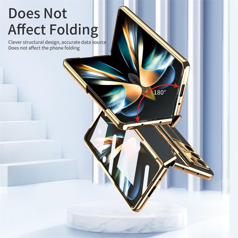 Full Protection Hinge Case for Samsung Galaxy Z Fold8 Ultra / 7 6 5 4 3 Plating PC+Leather Tempered Film Folding Kickstand Cover