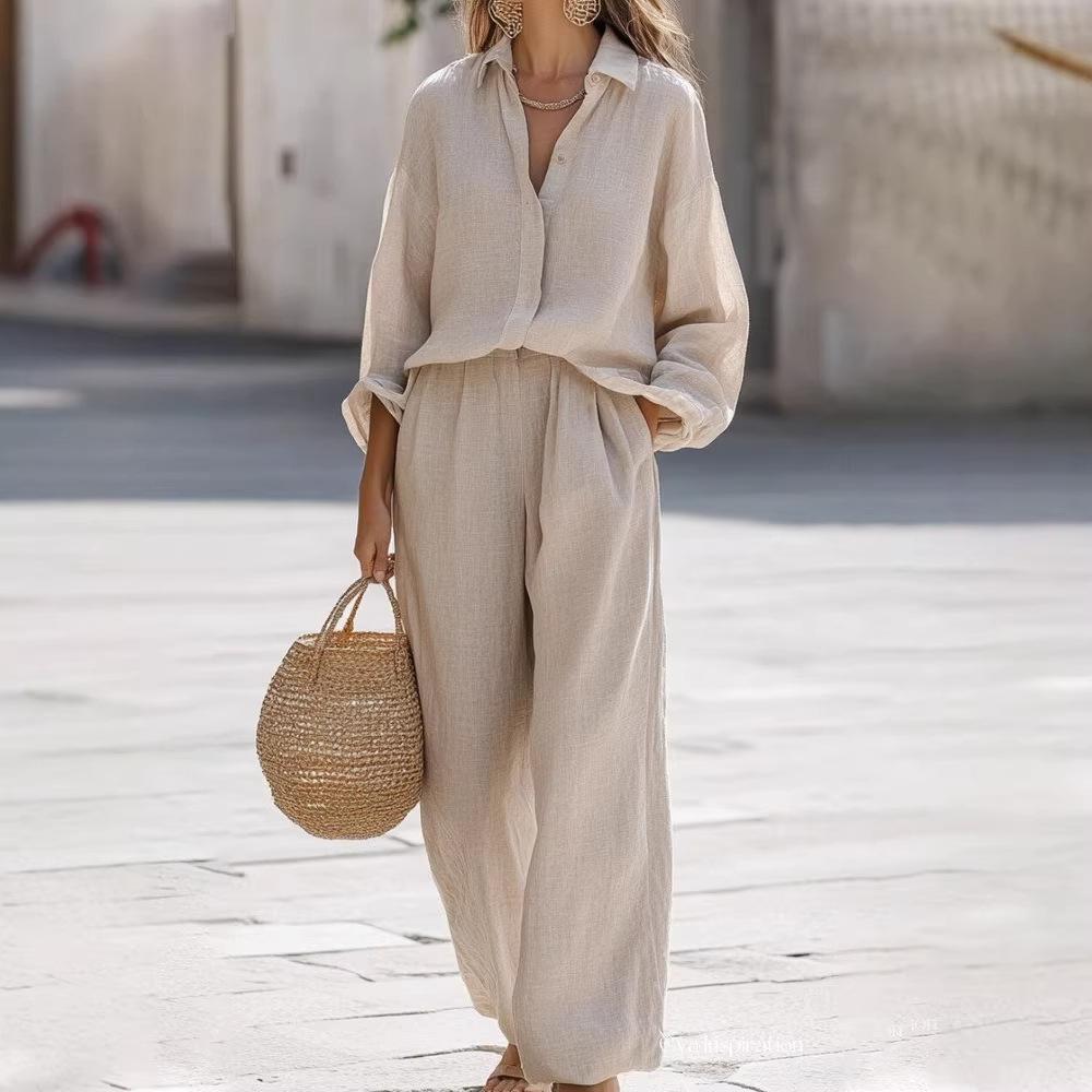2 Pieces Women Sets Casual Lapel Long-sleeved Shirt+long Pants Cotton Linen Suit Sets Women's Clothing