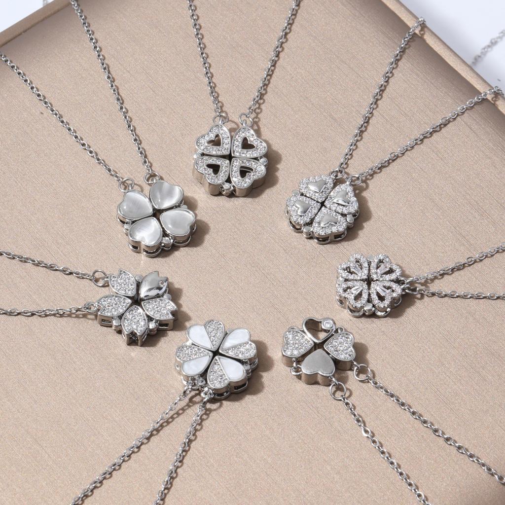 1pc Heart Shaped Four Leaf Clover Pendant Necklace Jewelry Zircon Women Love Clavicle Chain Gifts Openable ChokerJewelry