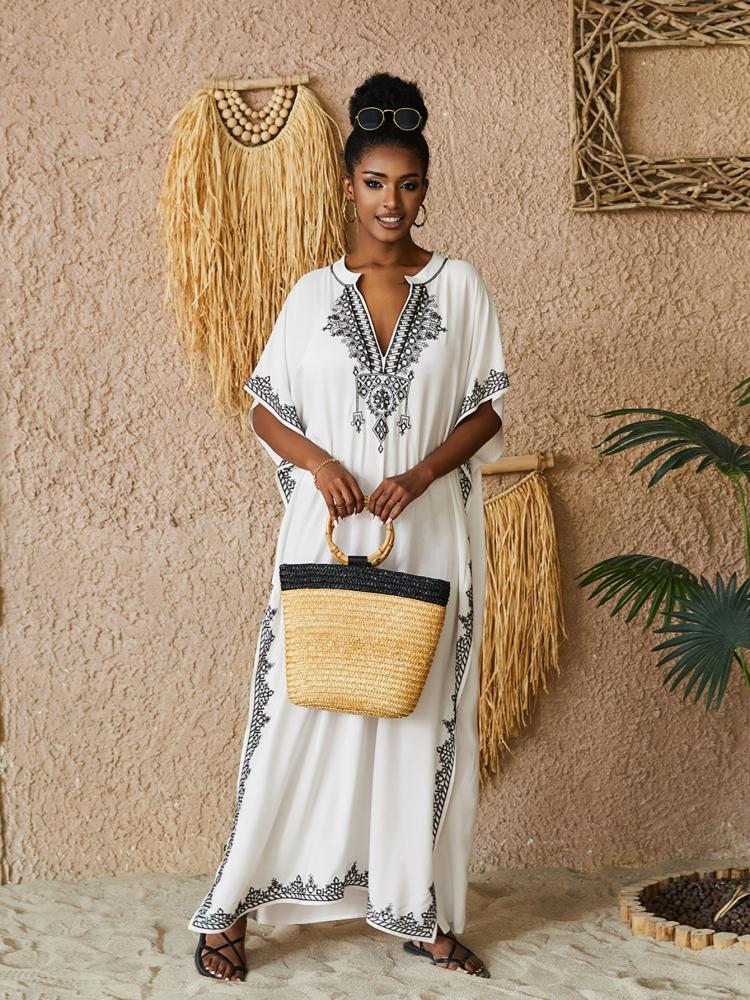 Bohemian Black V Neck Bikini Cover-ups Long Tunic Sexy Kaftan Dress Women Plus Size Beach Wear Swim Suit Cover Up