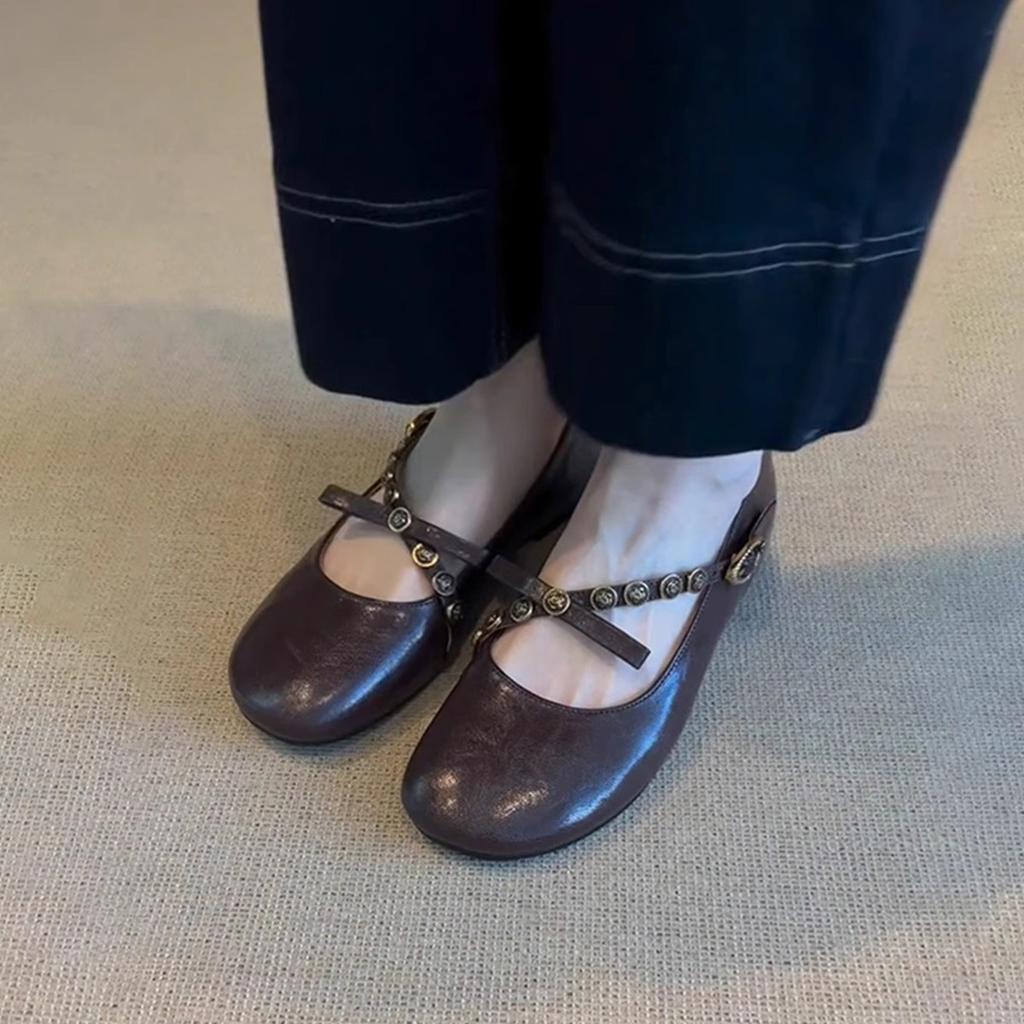 Sheepskin version~ retro shallow mouth one-word buckle bow single shoes flat leather one-pedal Mary Jane shoes women