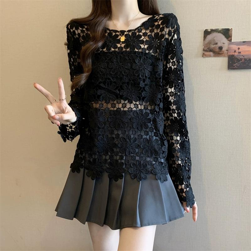 DIMANAF 2025 New Summer Women Hollow Out Holiday T-Shirt Basic Lace Fashion Tops Lace Tees Casual Loose Tees