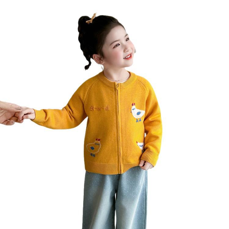 2026 Spring Korean Style Little Girls' Chicken Knit Cardigan - Stylish Cartoon Sweater