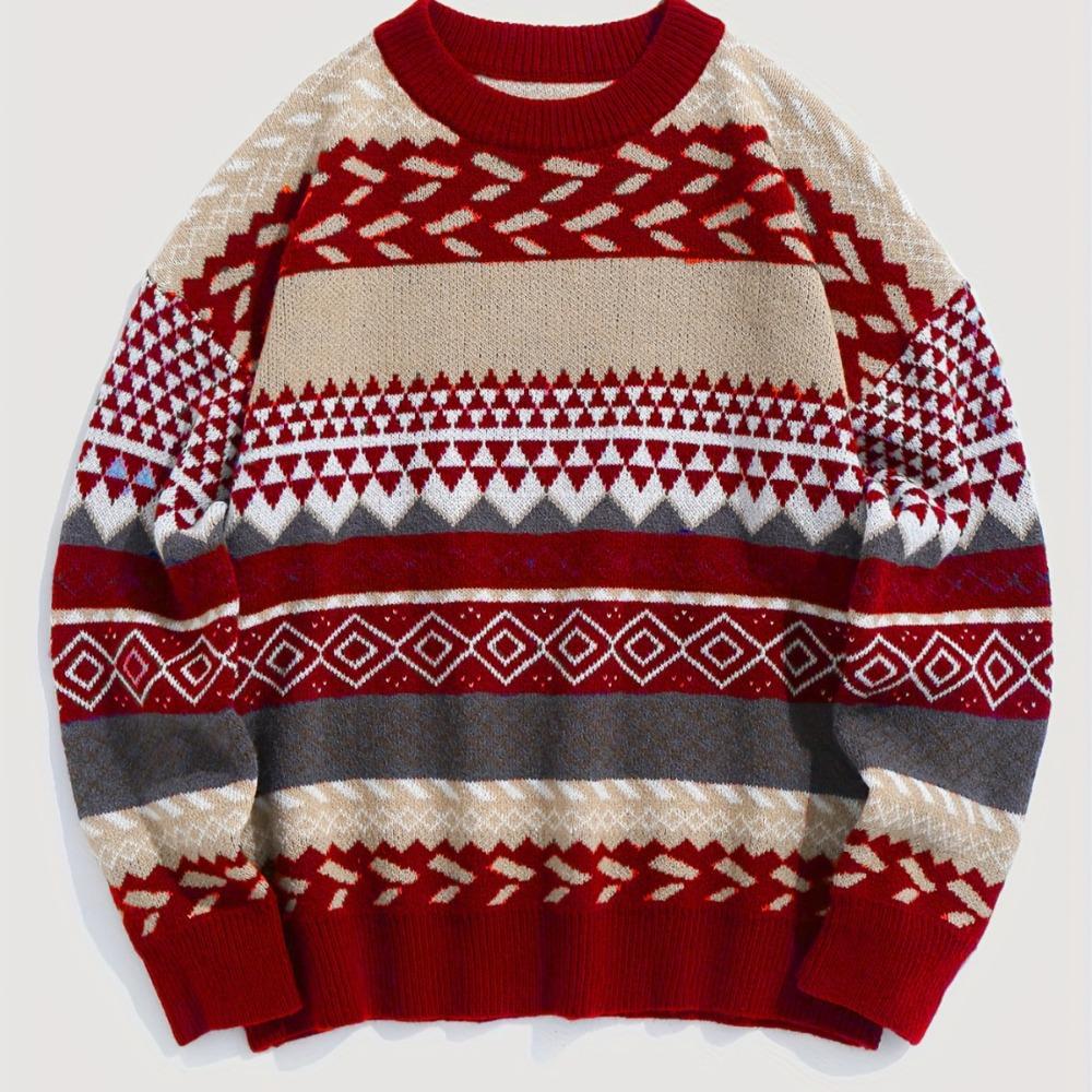 New Warm and Retro Knitted Sweater for Autumn and Winter, with A Round Neck and Contrasting Diamond-shaped Pattern, Is A Versatile Sweater for Women