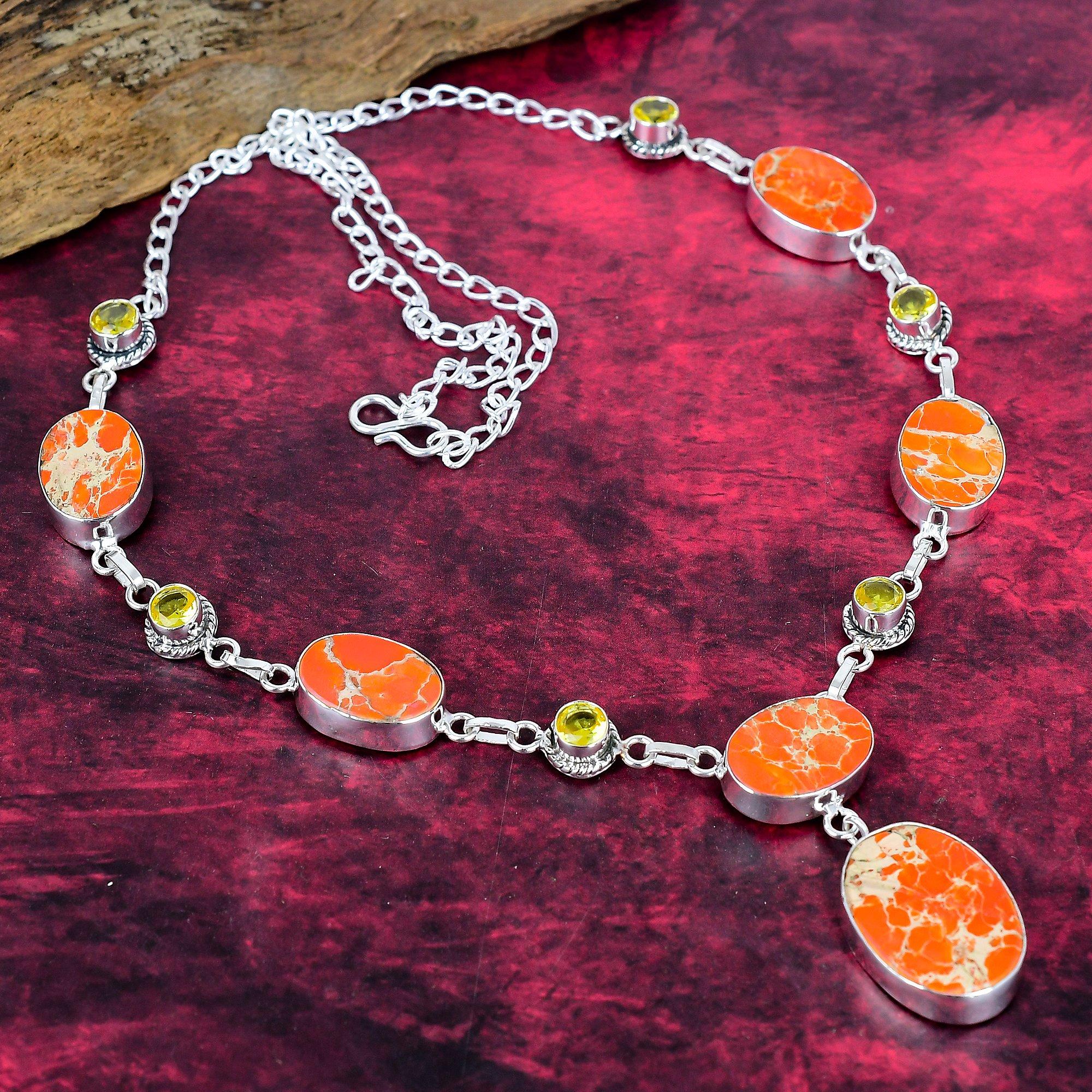 

Ожерелье из оранжевого морского осадка и цитрина из стерлингового серебра 925 пробы с регулируемой цепочкой, ожерелье с драгоценными камнями ручной работы ко Дню памяти