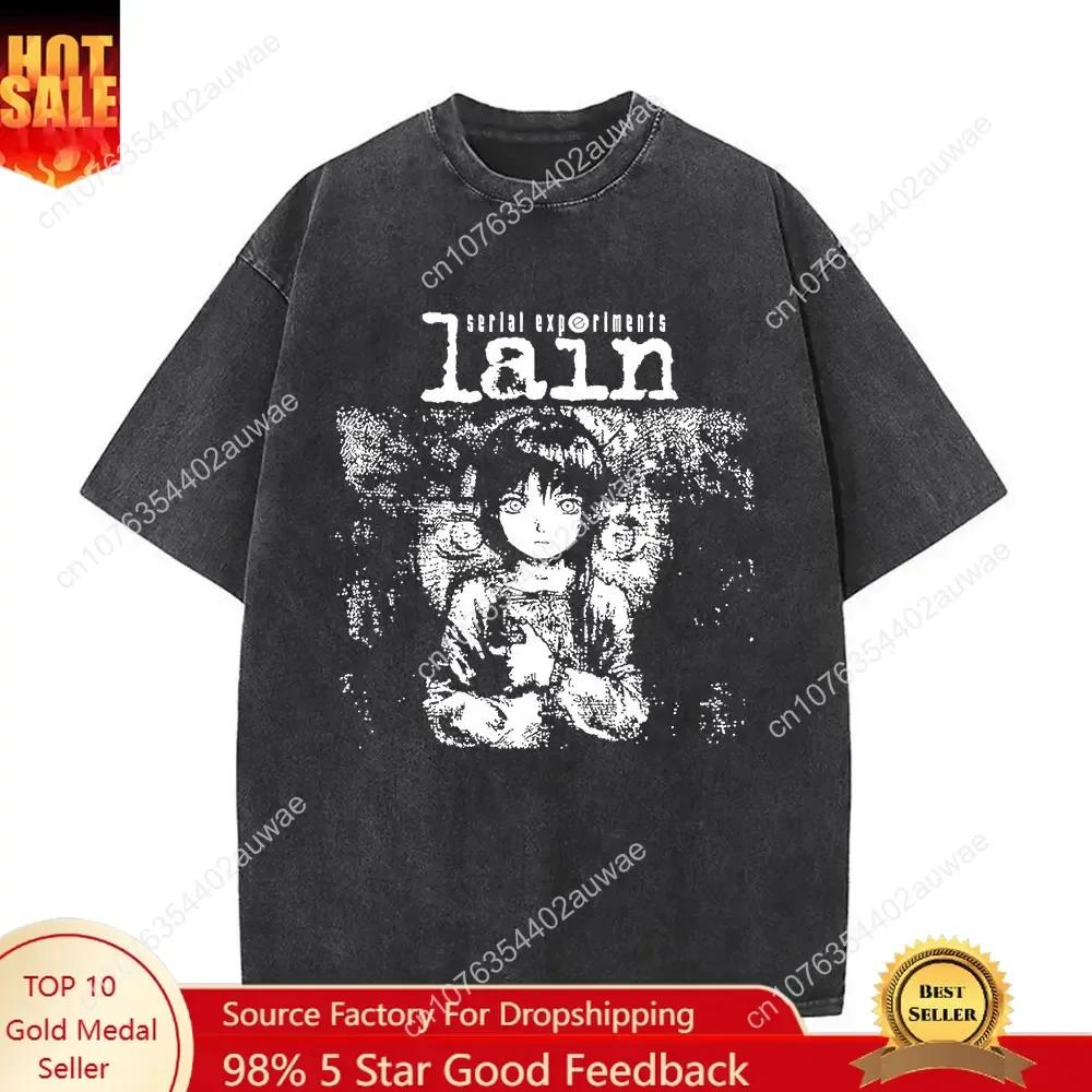 T-shirt Vintage Lavata Anime Giapponese Serial Experiments Lain Manga Ragazza Iwakura T-shirt Sci Fi Uomo 100% Cotone T-shirt Casual