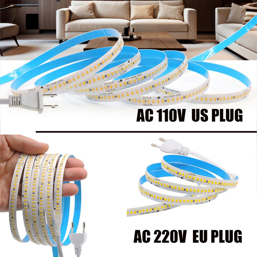 AC 220V 110V LED Strip 240Leds/M IP44 10CM Cut Home Decor Warm/Natural White Self Adhesive Flexible Ribbon Stripe Chain Light