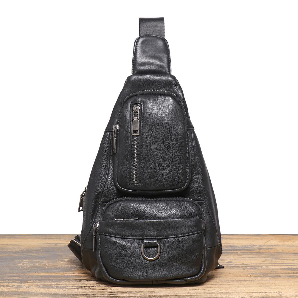 Men'S Leather Close-Fitting Breast Bag, First-Layer Cowhide Cycling Crossbody Backpack, Multi-Functional Shoulder Mobile Phone Bag
