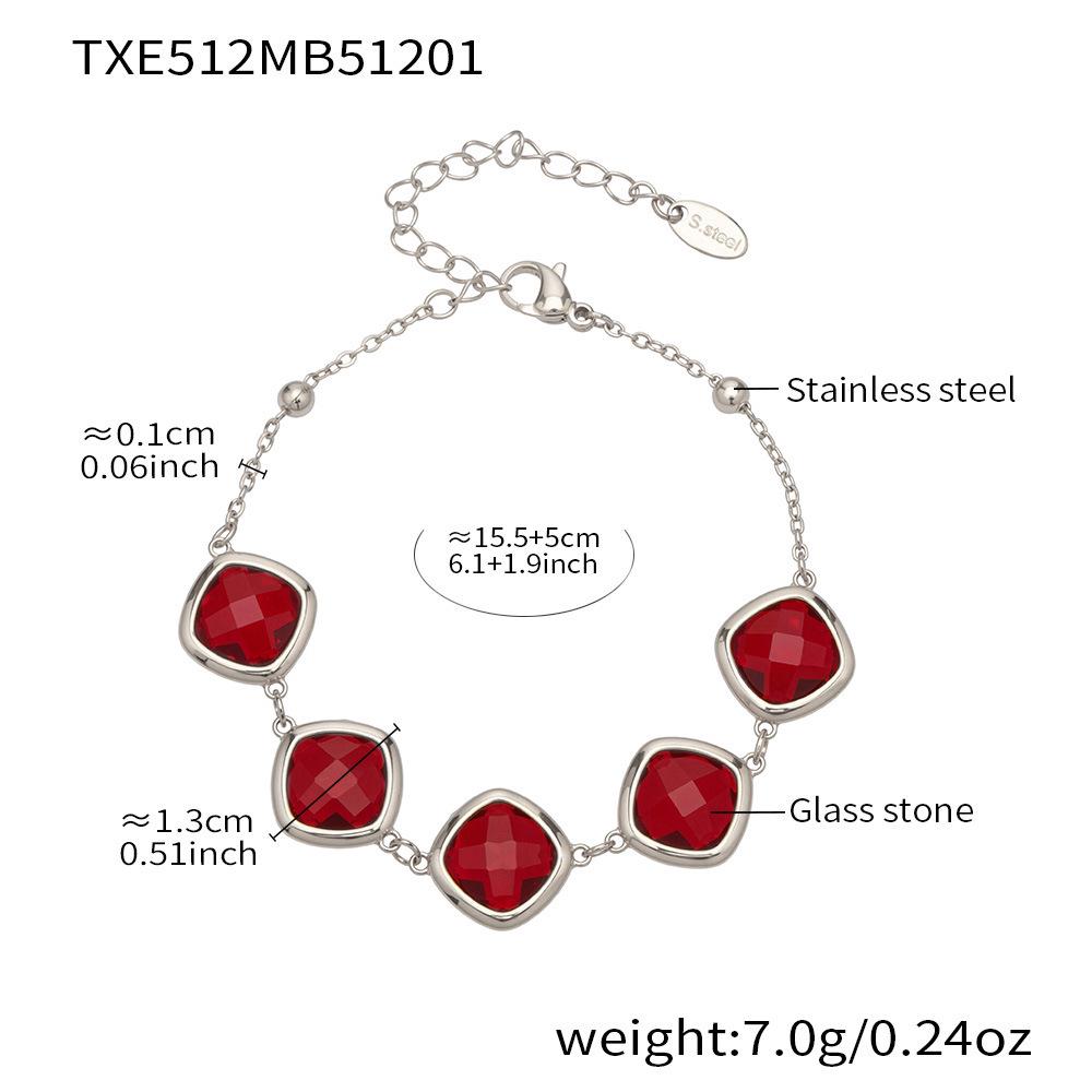 Stylish European & American Stainless Steel Jewelry Set with Square Faceted Glass Stones: Includes Bracelet, Necklace, and Earrings