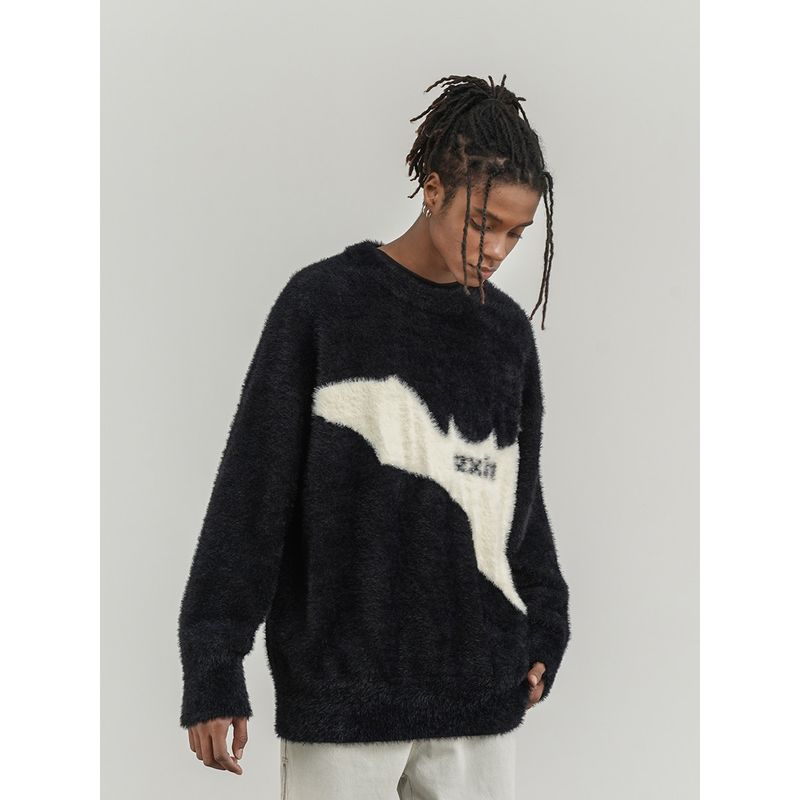Black of Exit National Trend Lazy Style Geometric Pattern Jacquard Round Neck Sweater Mohair Knitwear for Men and Women