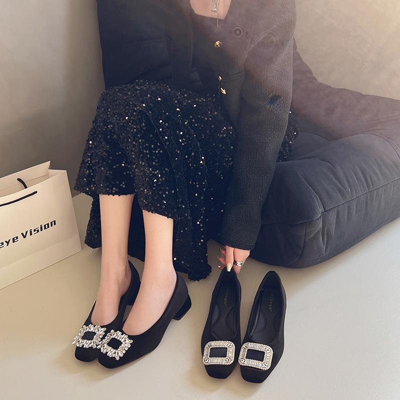 2025 spring and autumn new thick heel French rhinestone temperament single shoes women's middle heel square head commuting fashion shallow mouth wome