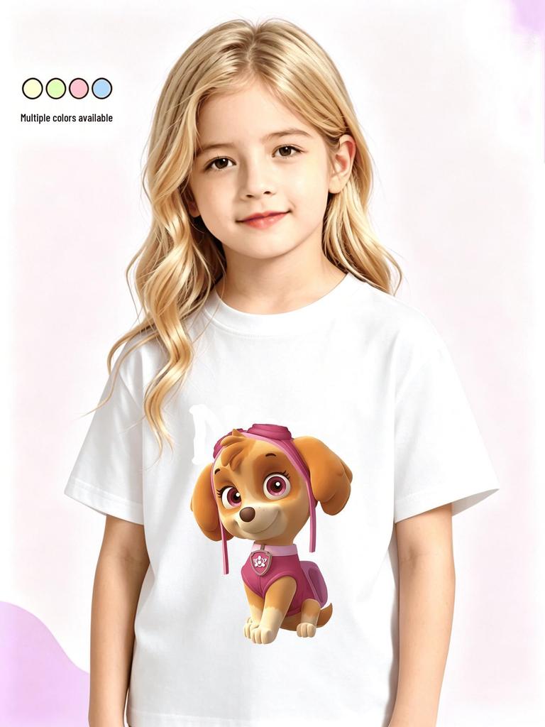 Girls' Cartoon Anime Print Short Sleeve Cotton T-shirt