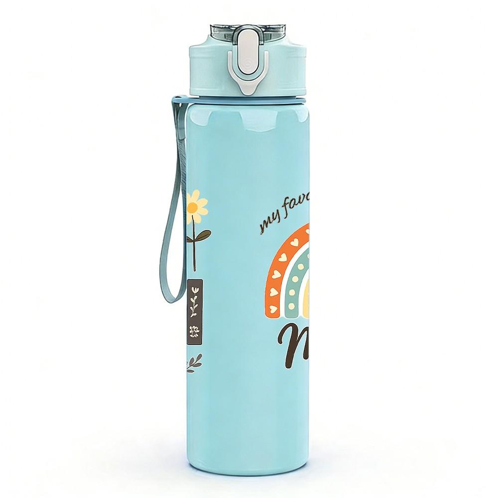 1PC Mimi Rainbow Boho Lettering Print 750ml Color Plastic Sports Water Bottle Leakproof Flip Straw Lid Suitable for Sports Office Home Use