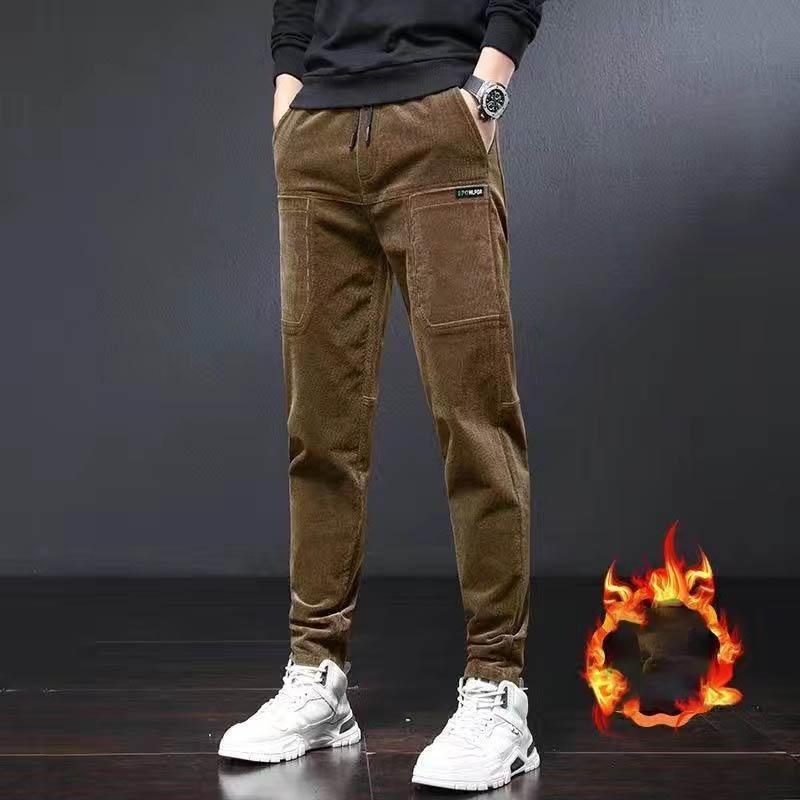Corduroy Casual Pants For Men Fleece-lined Warm Striped Velvet Multi-pocket Slim Fit Straight Leg Pants
