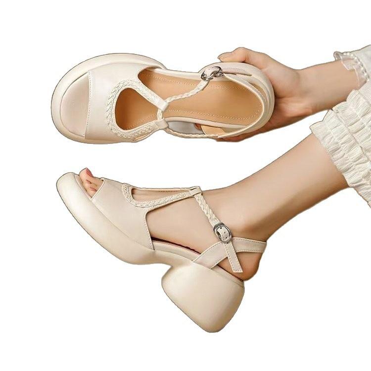 6Cm Thick Heel High-end Open-toed Thick-soled Thick-heeled Sandals Women's Soft Leather 2025 New Summer High-heeled Roman Shoes