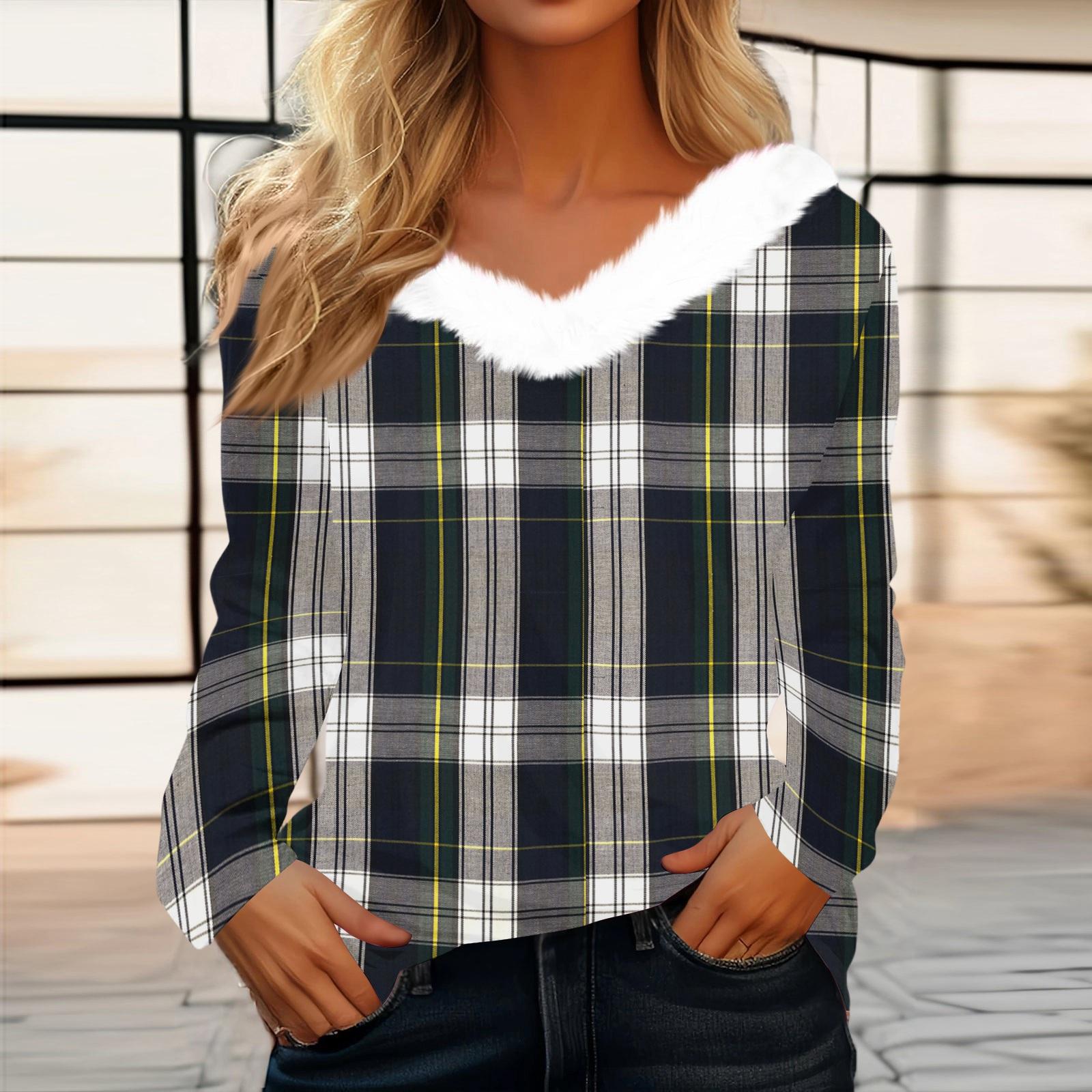 

Women s Fashion Long Sleeve Plaid Print Fleece Collar V-Neck Top L