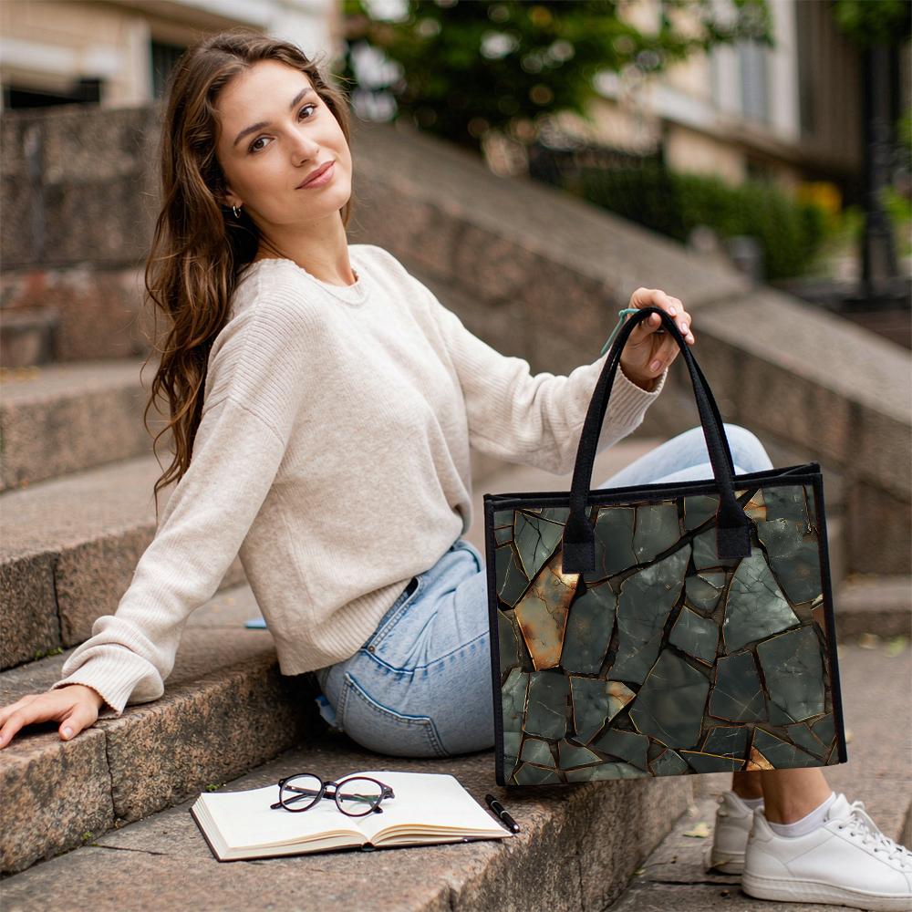 Trendy Geometric Cracked Print Tote Bag Casual Durable Daily Use Shoulder Handbag