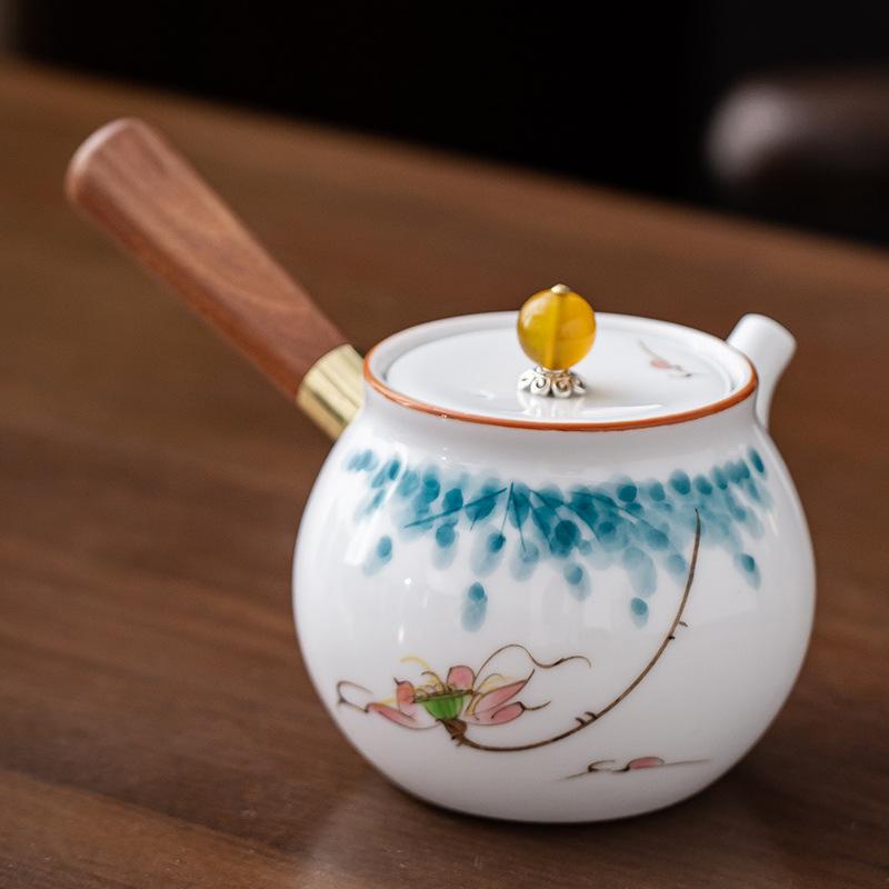 Hand-painted Mutton Fat Jade White Porcelain Teapot Single Pot Hand with Handle Side Handle Teapot Xishi Pot Kung Fu Tea Set Tea