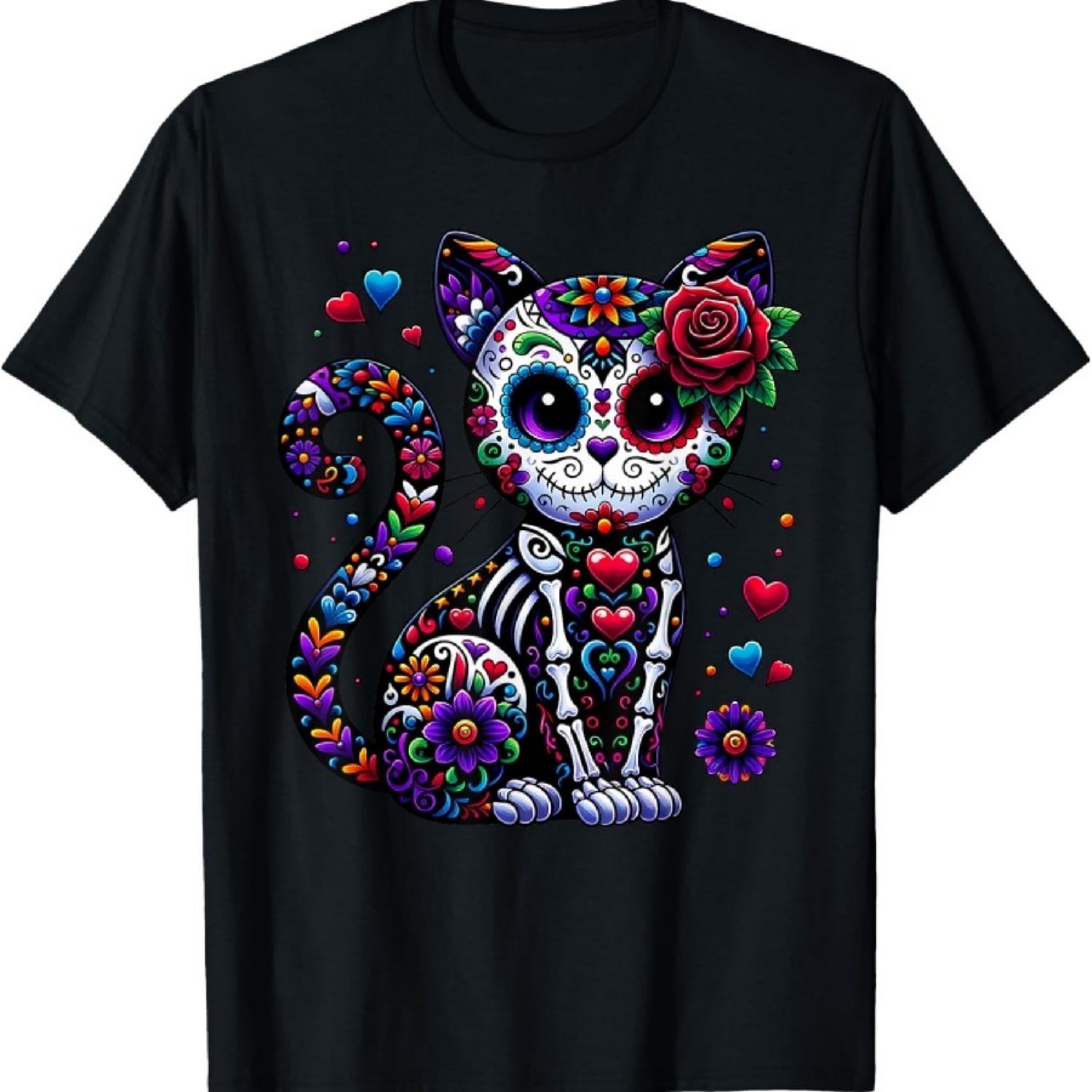

День мертвых Синко де Майо Кот Сахарный череп Мужская Женская Футболка XXXXXL чёрный