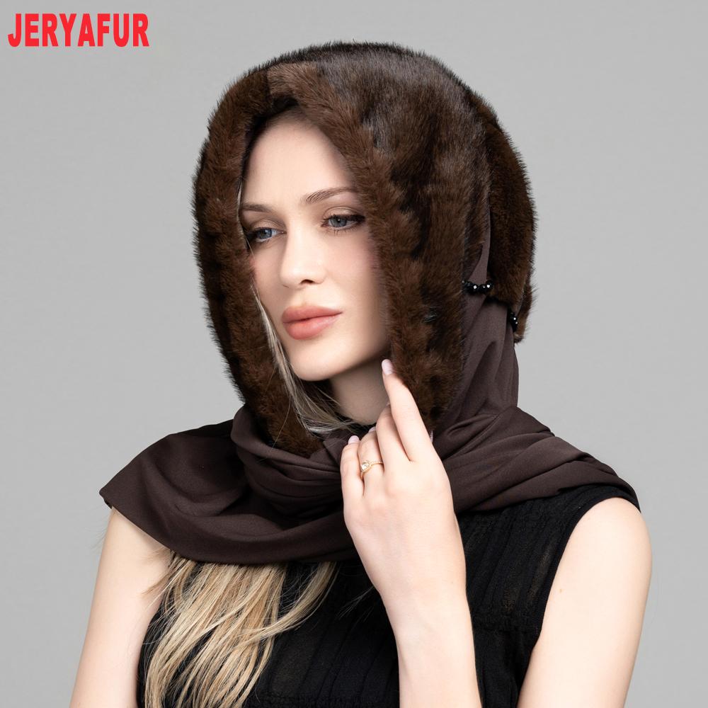 JERYAFUR Women Faux Fur Hooded Scarf, 2‑in‑1 Warm Plush Hat Scarf Combo for Cold Winter Daily Outdoor Wear