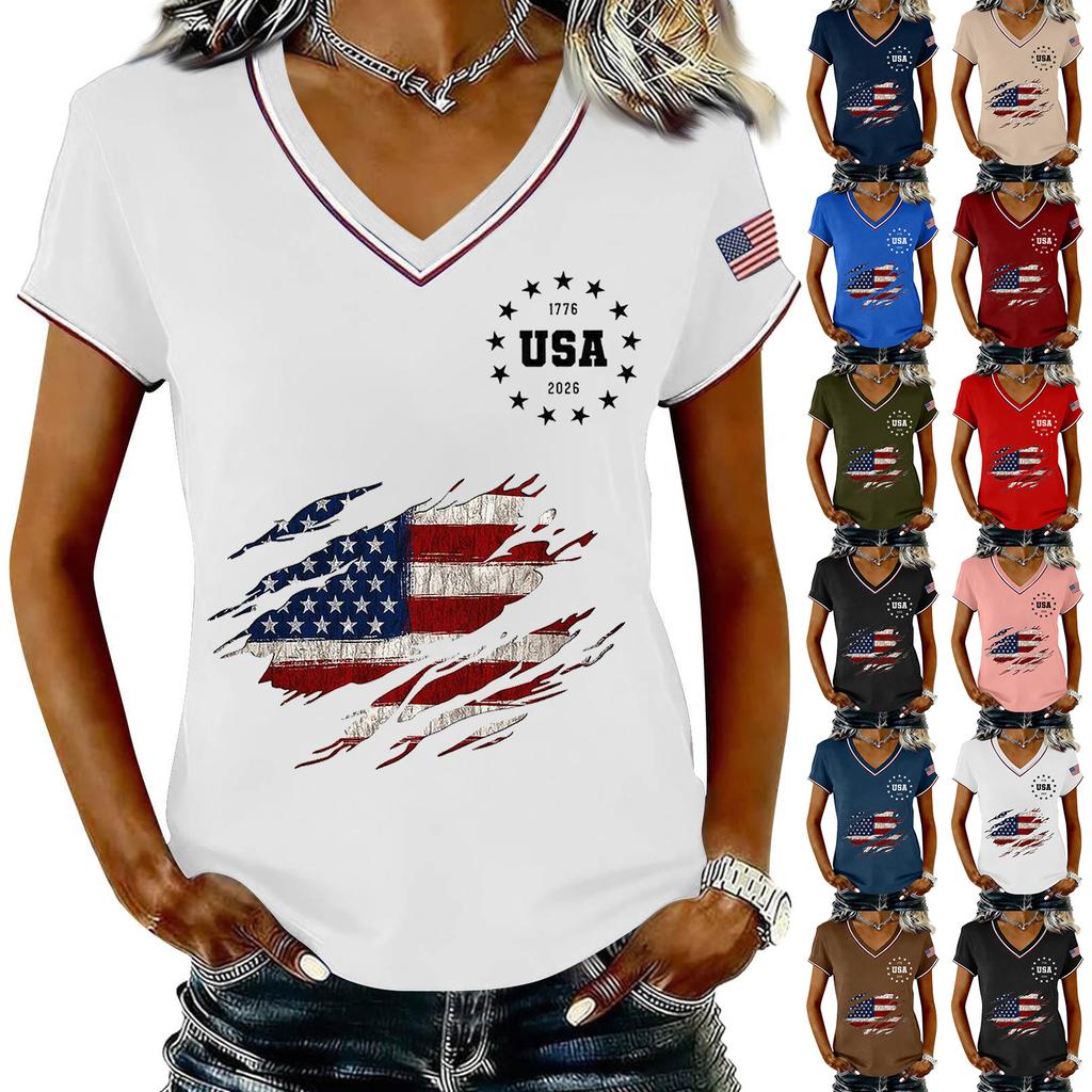 Womens V Neck Short Sleeve Pullover T Shirt with USA Independence Day Print Casual Loose Fit Top for Summer Daily Wear