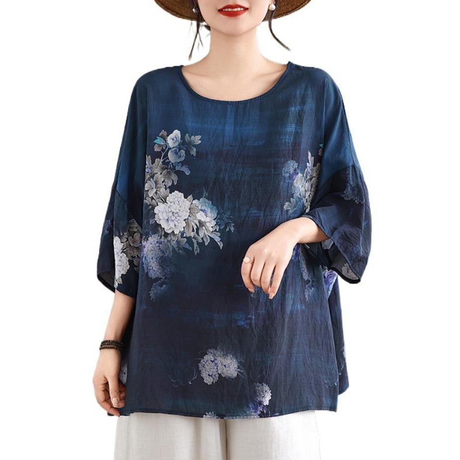 Summer Hemp Cotton Blouse Ethnic Style Bat Sleeve Loose Oversized Round Neck T-shirt Casual Comfortable for Women