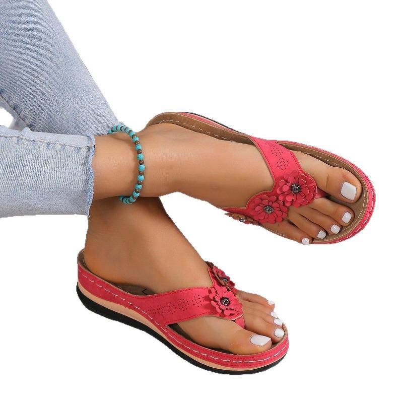 Women's Three Flower Flip Flops, Platform Thong Sandals, Summer Beach Slides for Women