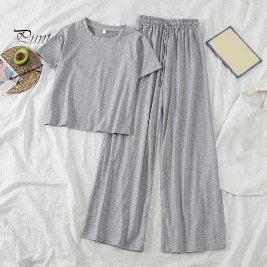 Women T-shirt Trousers Set 2 Pcs/Set Pants Solid Color Round Neck Short Sleeves Elastic Lady Top Waist Wide Leg Homewear Drawstring Suit Clothes