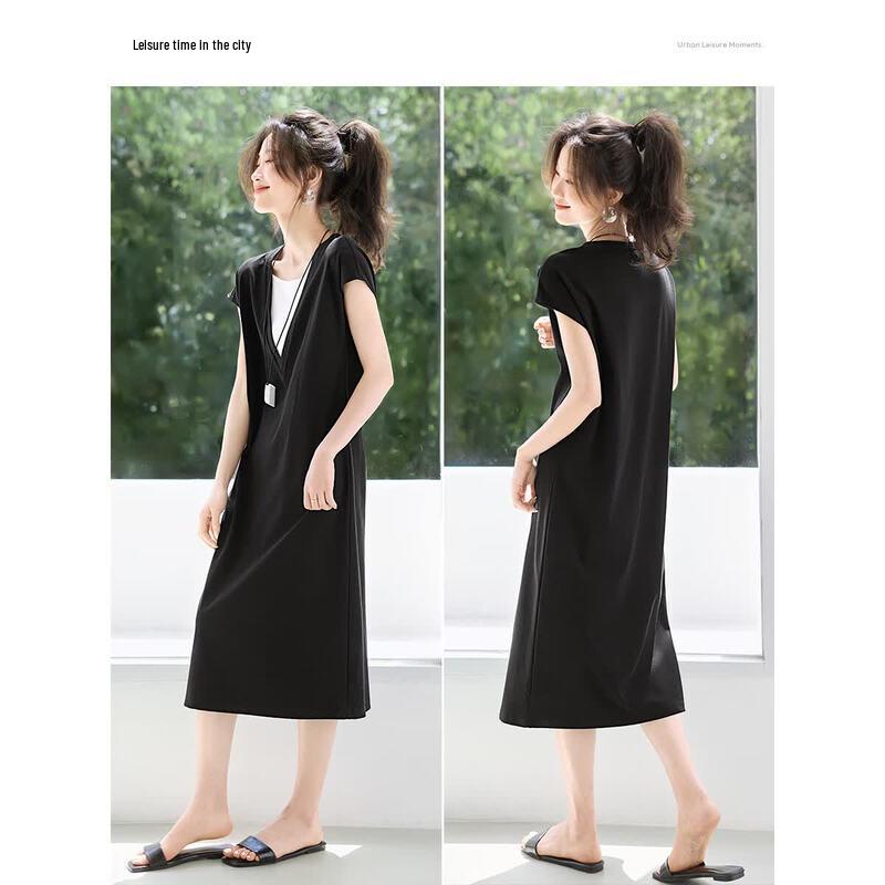 Faux Two-Piece Color-Block V-Neck A-Line Midi Dress