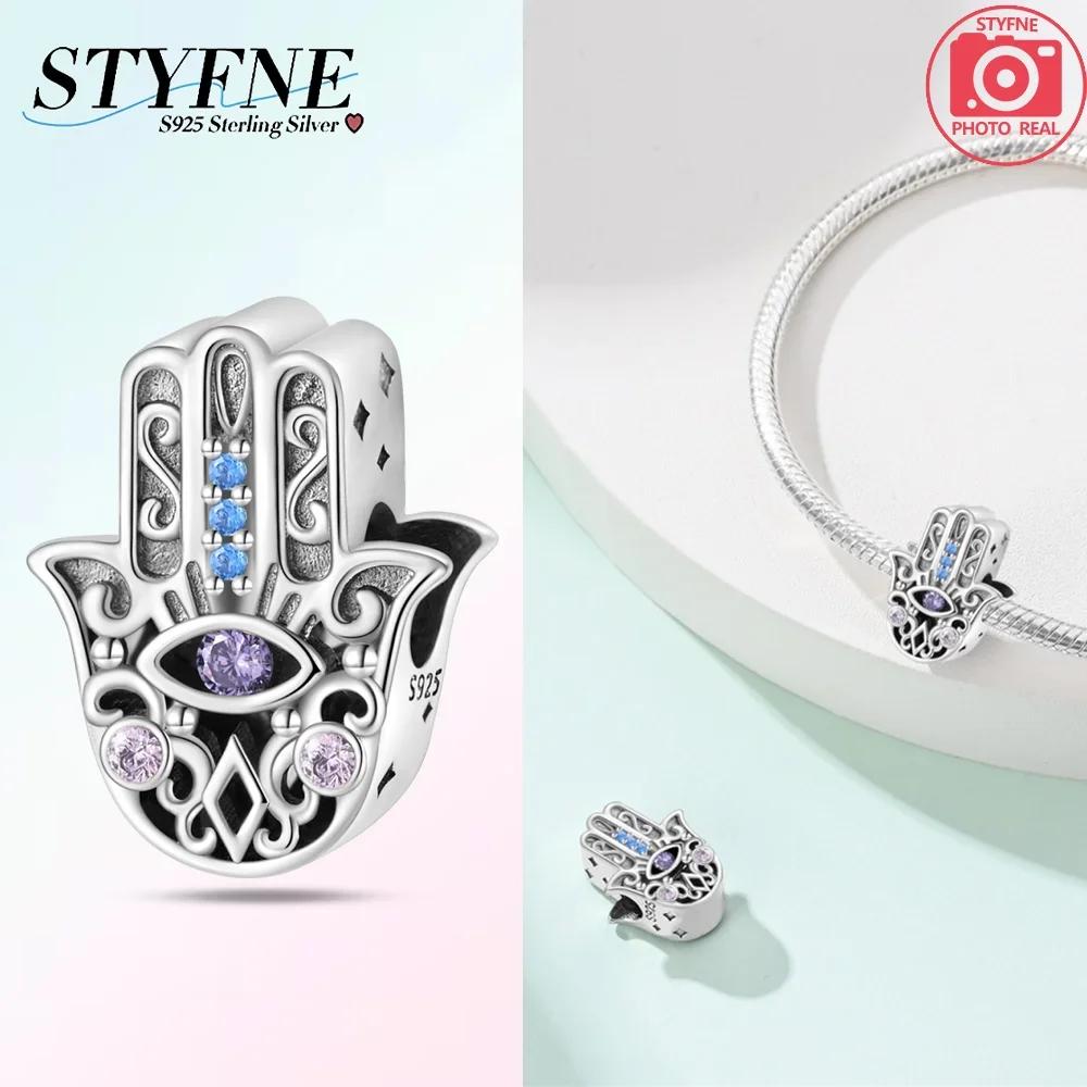 Original 925 Silver Blue Heart Demon Eye Pendant Fatima Hand Charm Bead Bracelet Women Jewelry Religion Gift
