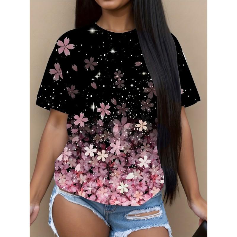 Womens Casual Round Neck Short Sleeve T-Shirt With Butterfly Print Loose Fit 2025