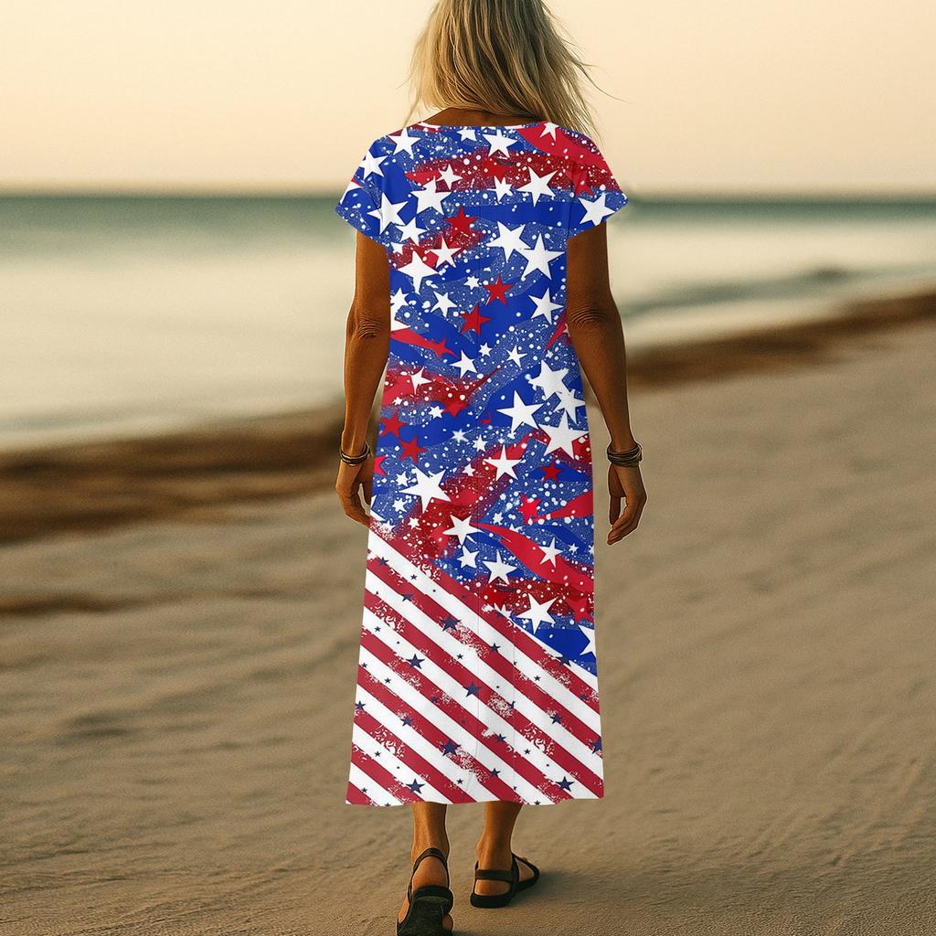 Women’s V Neck Short Sleeve Maxi Dress with Star and Stripe Print Loose Fit Summer Casual Long Dress for Everyday Wear