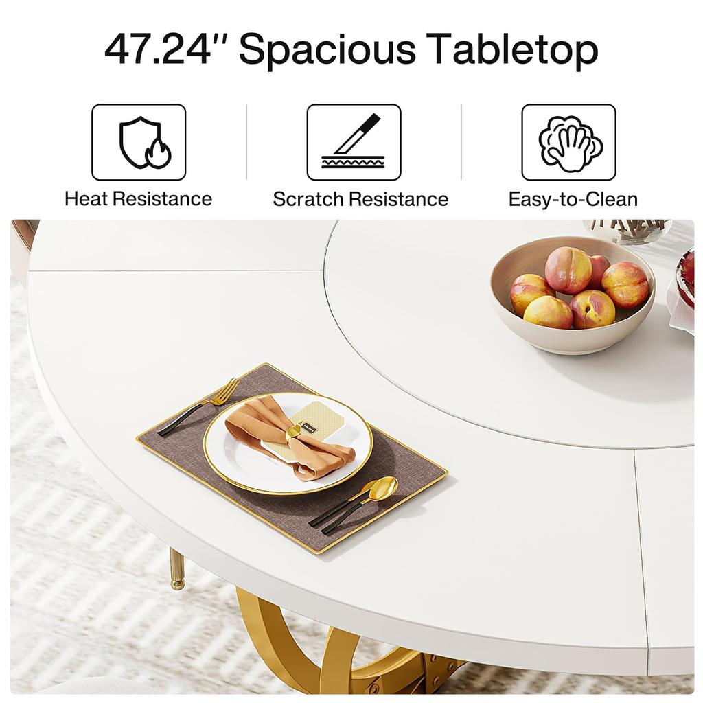 Round Dining Table, Modern 120 Cm Kitchen Table for 4-6 People, Coffee Table, Side Table with 2 Levels and Metal Frame