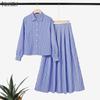Women Casual Long Sleeve Blouse and Long Skirts Stripe Print Two Piece Suit Sets