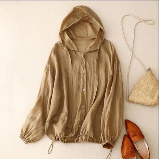 

Женская рубашка с защитой от солнца весна-лето, хлопковая и льняная толстовка с капюшоном, женская повседневная рубашка с защитой от солнца для пляжного отдыха L хаки