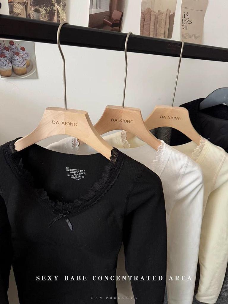 Women's Velvet Lace Base Layer Shirt - White V-neck Long Sleeve Top with Built-in Bra Pads for Autumn/Winter