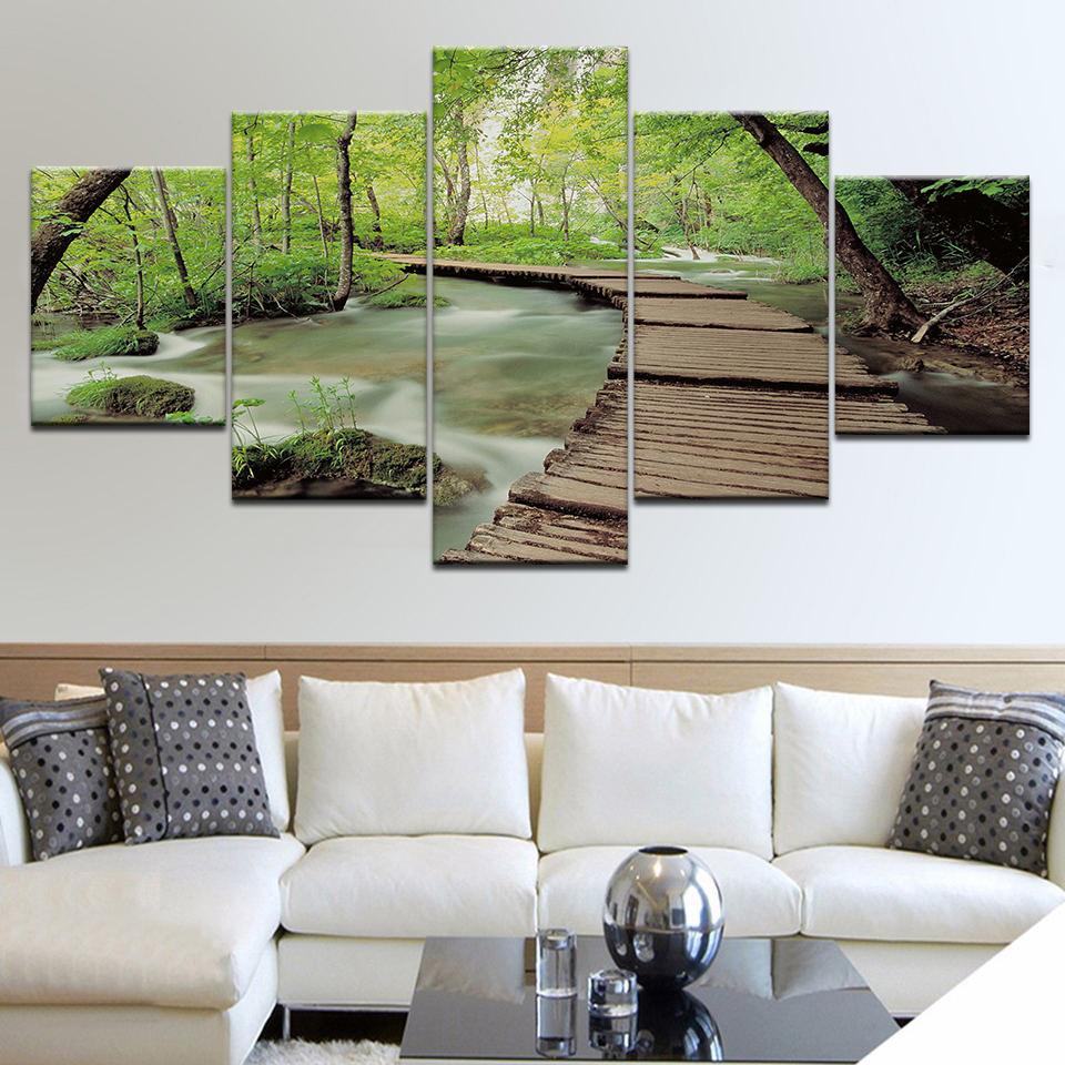 5 Panel HD Print Green Forest Wood Bridge Wall Posters Print On Canvas Art Painting For Home Living Room Decoration