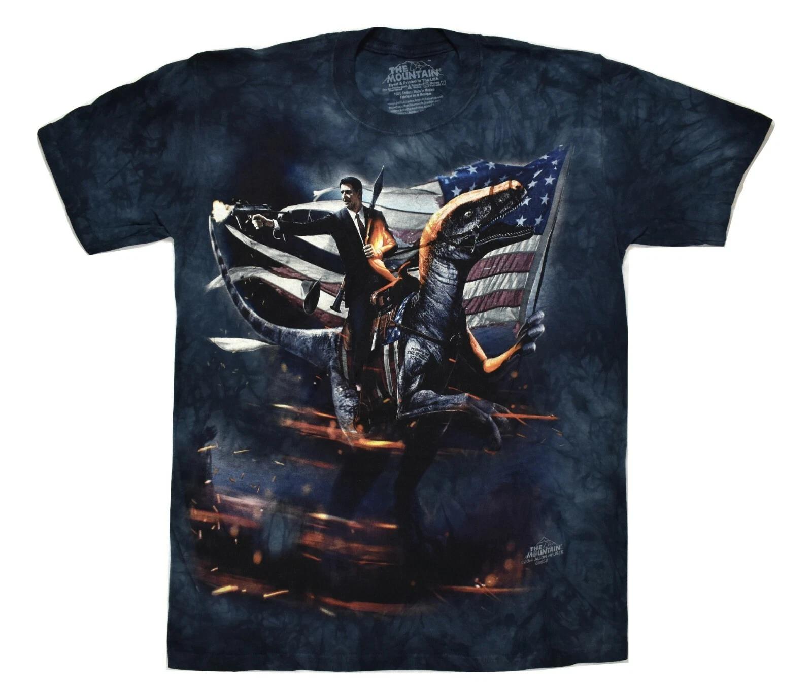 

The Mountain Mens Ronald Reagan Velociraptor Dinosaur American Flag Shirt New S S